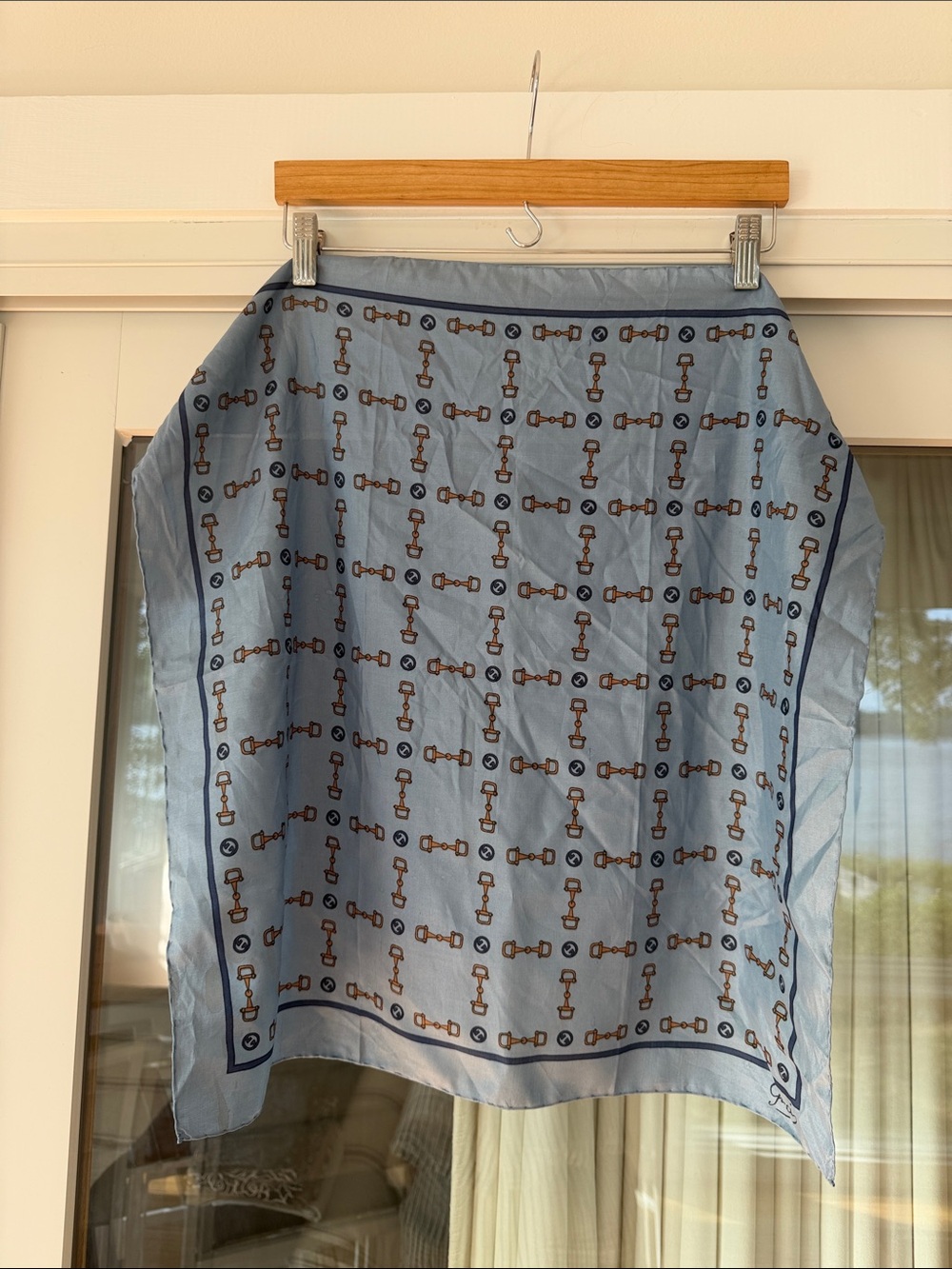 Vintage Gucci Light Blue Silk Scarf with Equine Bit Print